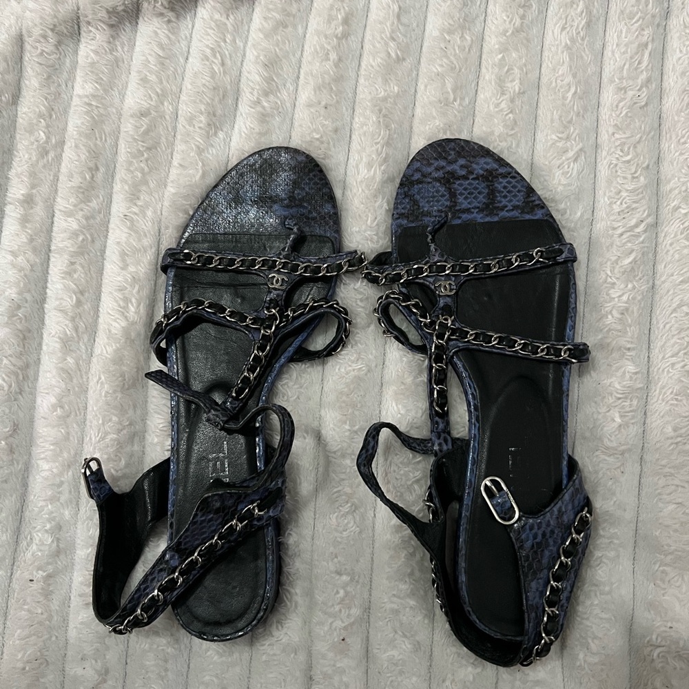 Chanel sandals , blue and black snake or python skin very lovely